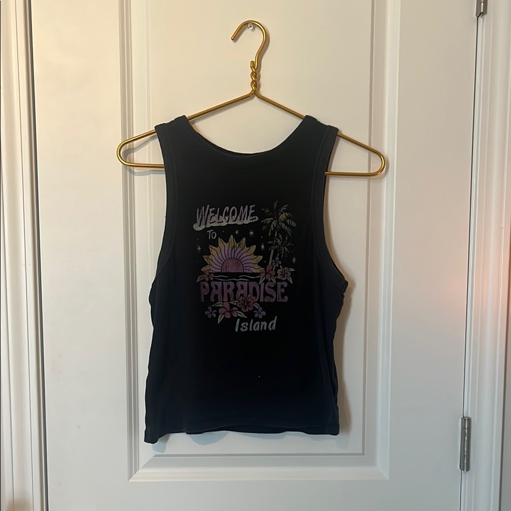 Black Tank Top with Cut Out Design and Pink Graphic
